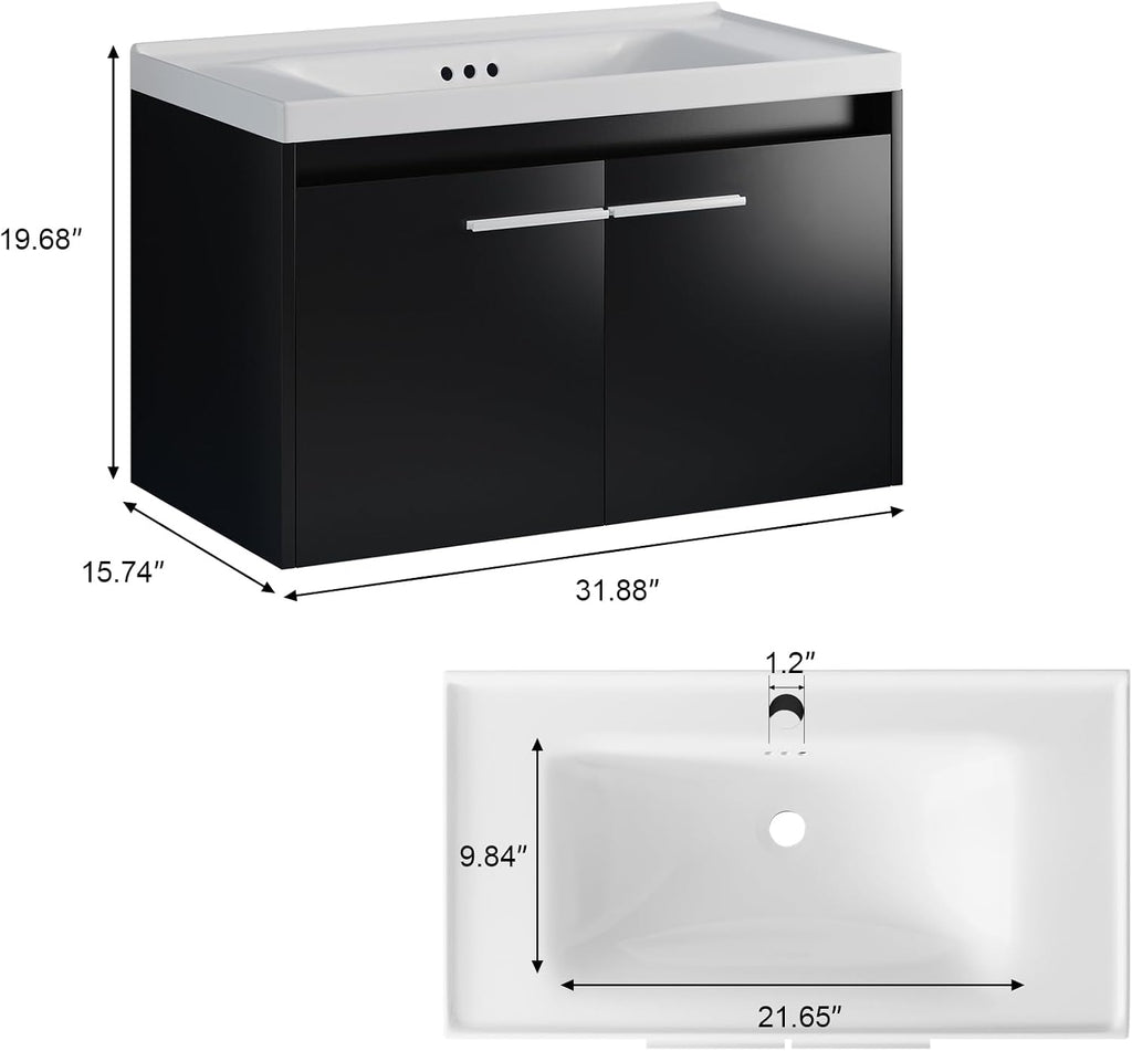 32" LED Floating Bathroom Vanity Black
