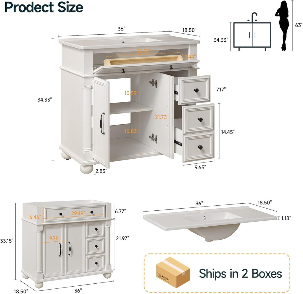 36" Freestanding Bathroom Vanity White