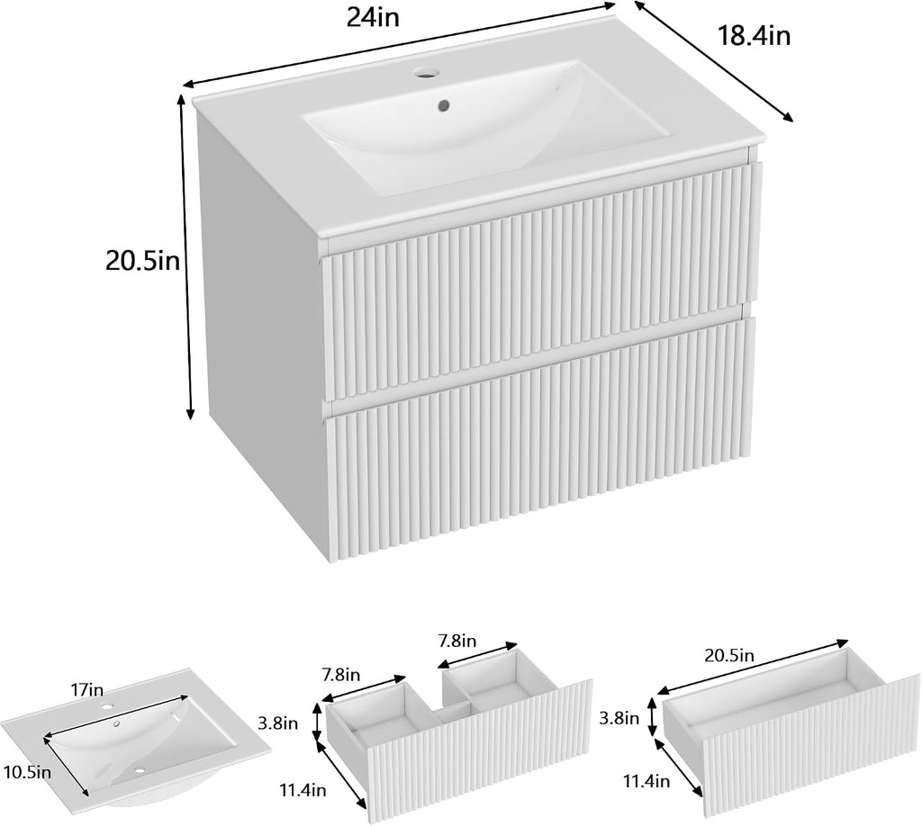 24" Fluted Floating Bathroom Vanity White