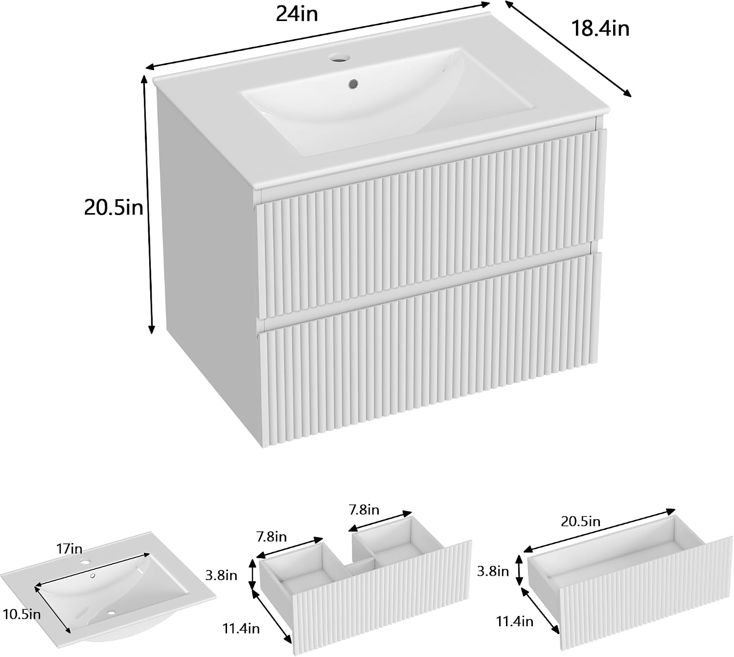 24" Fluted Floating Bathroom Vanity White