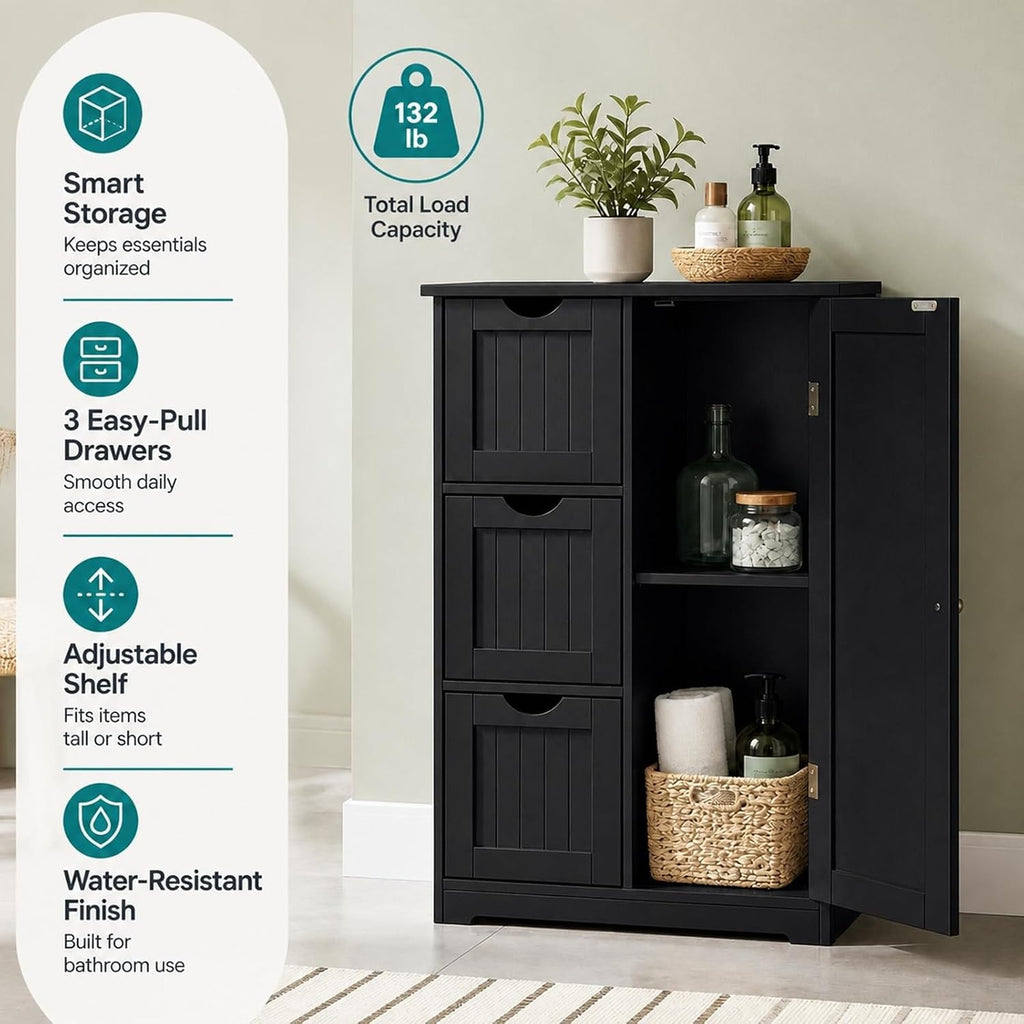 3-Drawer Freestanding Bathroom Cabinet Black