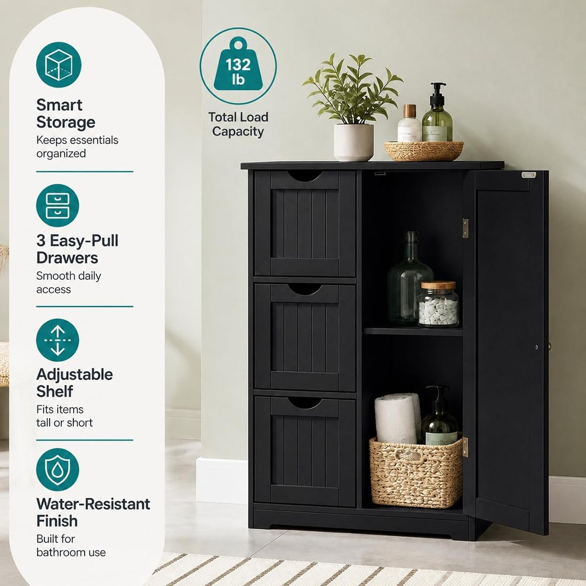 3-Drawer Freestanding Bathroom Cabinet Black