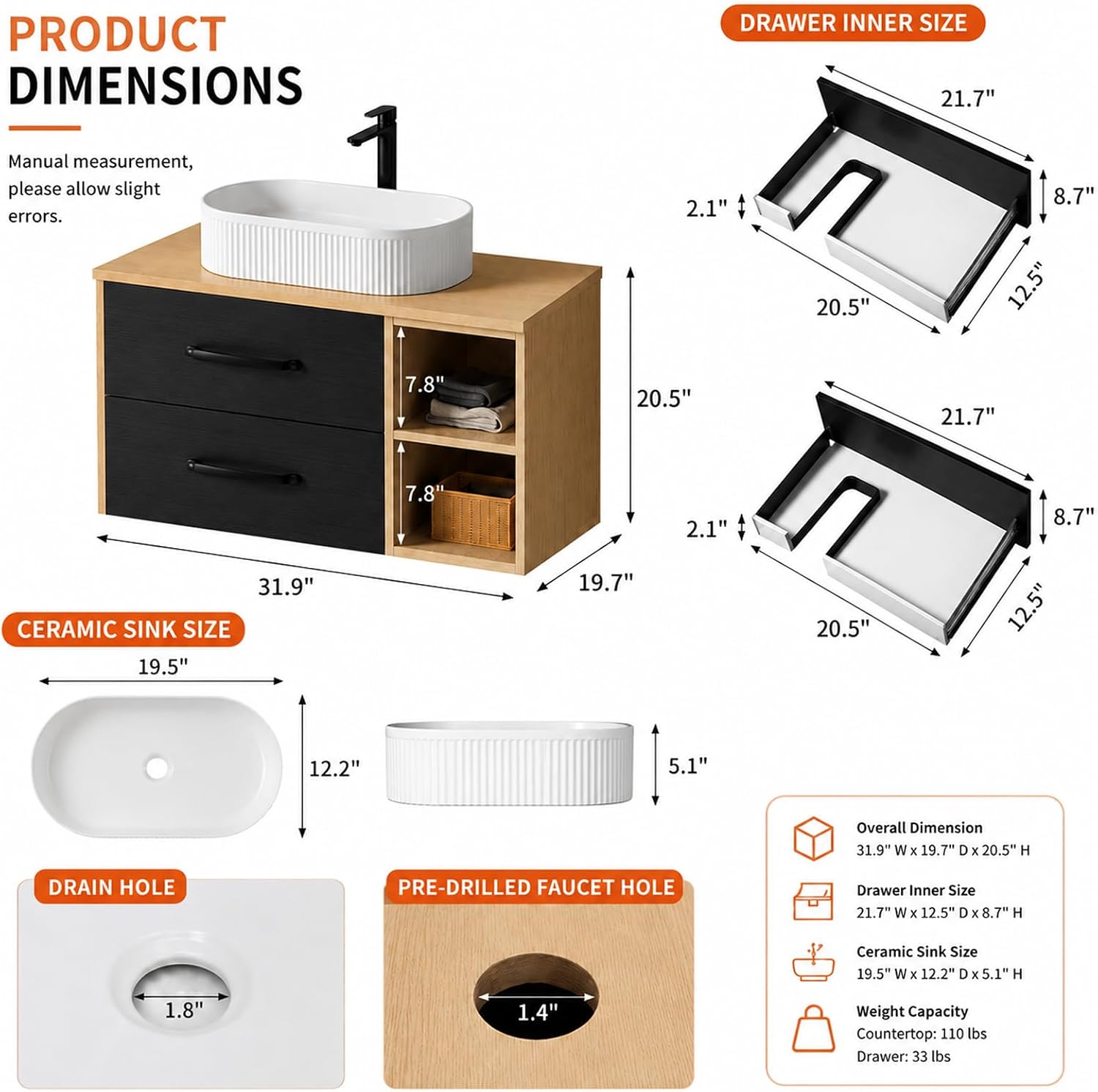 30" Floating Bathroom Vanity Black