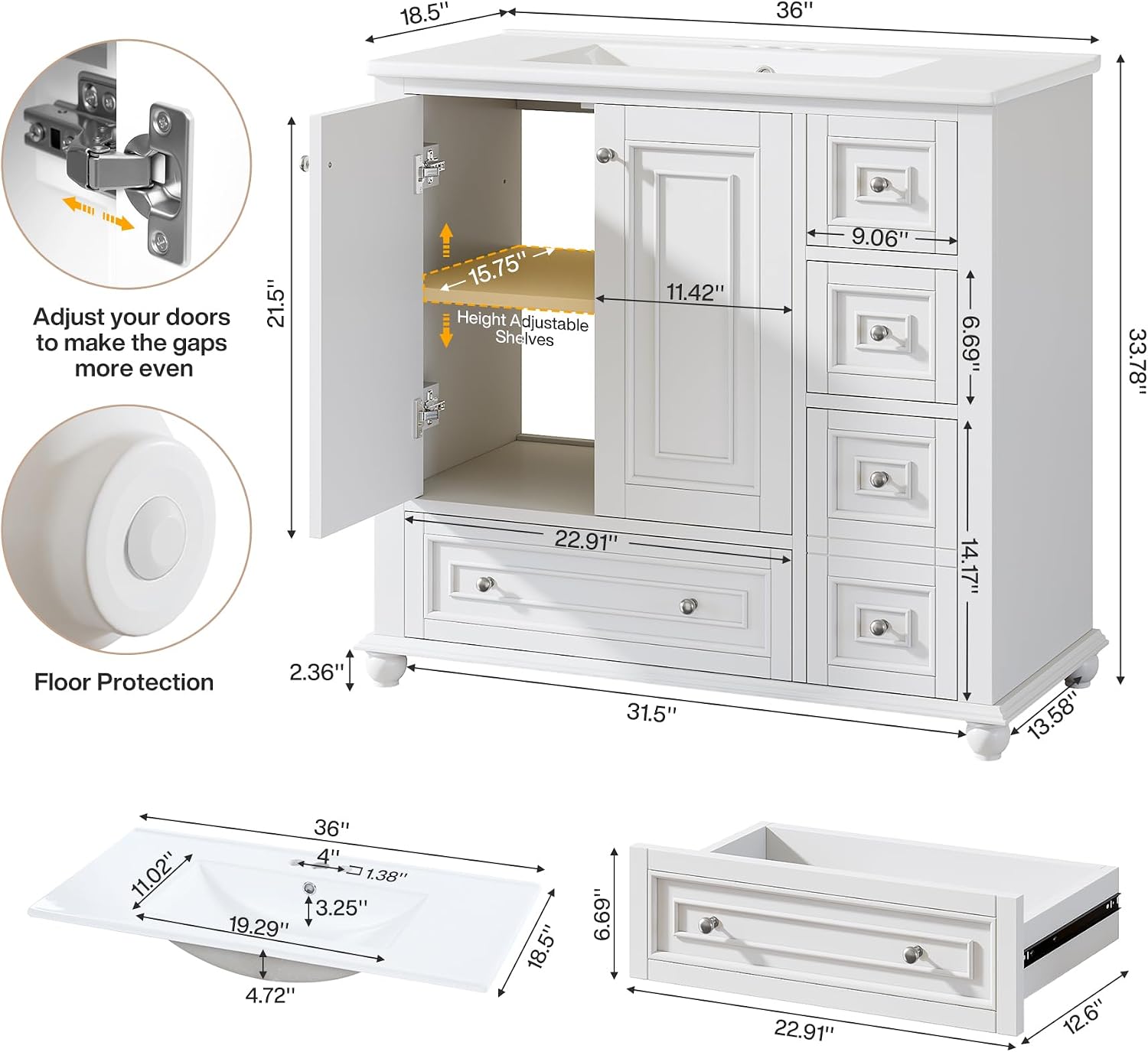 36" Freestanding Bathroom Vanity Grey