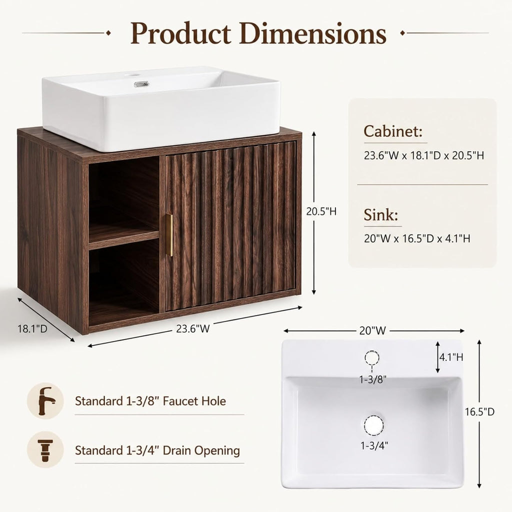 24" Floating Bathroom Vanity Dark Walnut