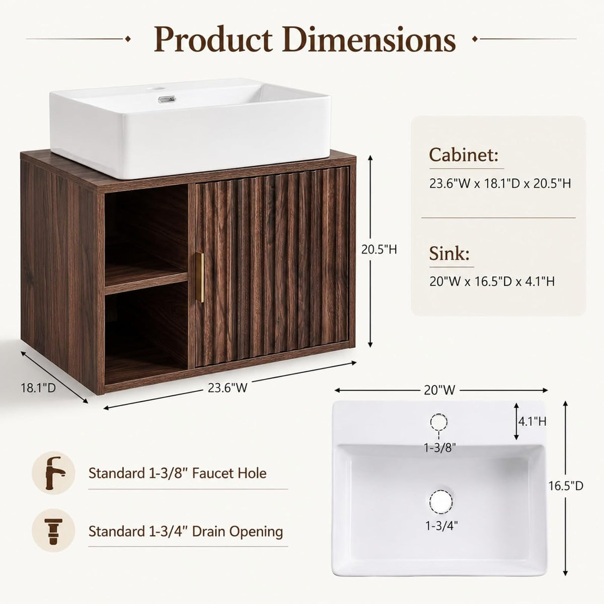 24" Floating Bathroom Vanity Dark Walnut