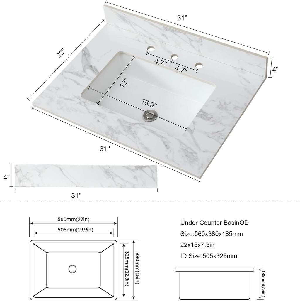 31x22" Marble Vanity Top with Sink