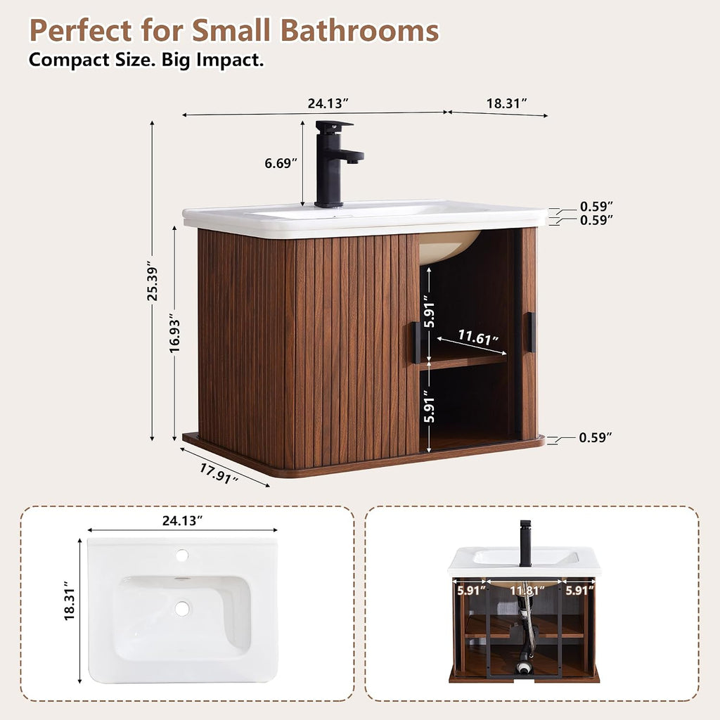24" Fluted Floating Bathroom Vanity Walnut