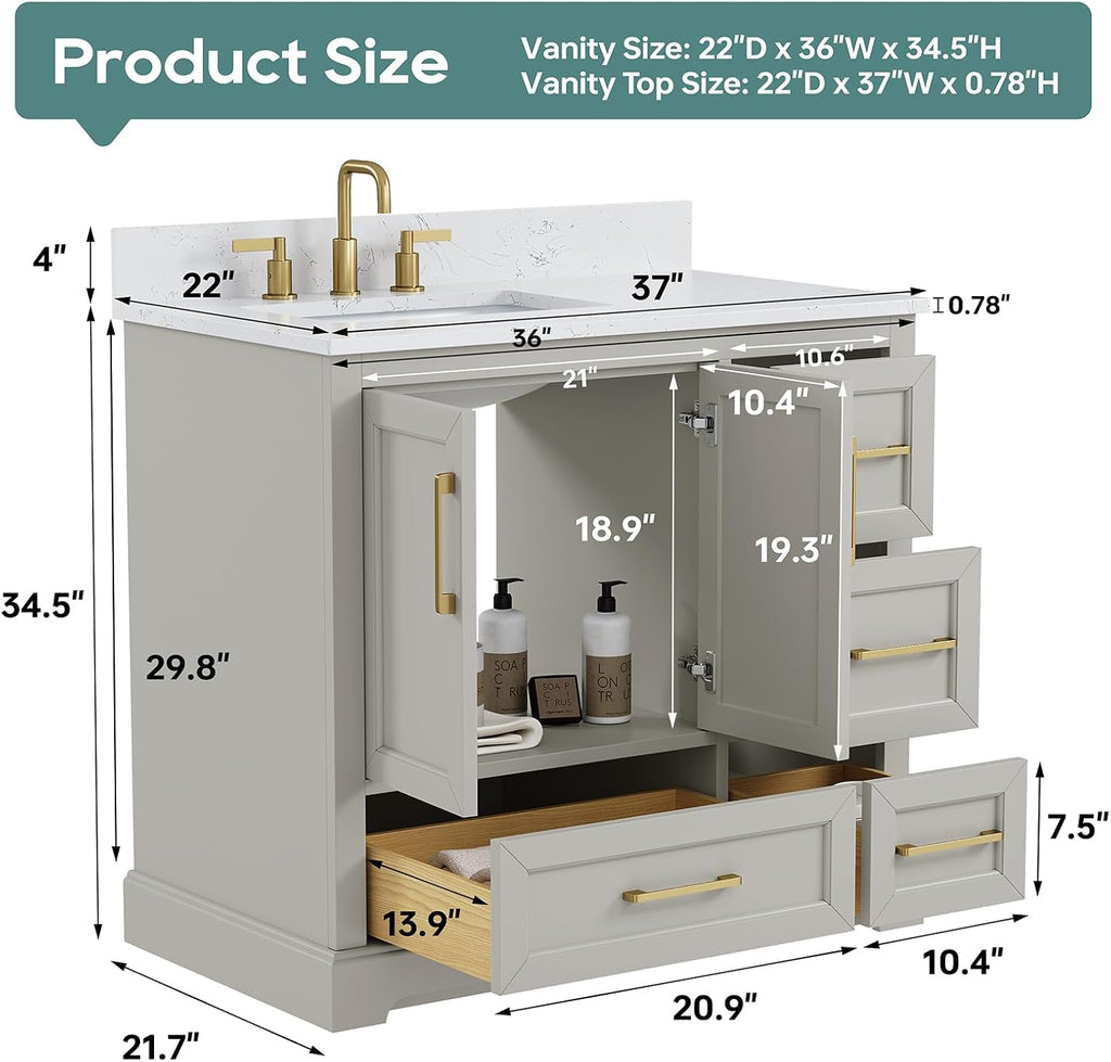 36 Inch Bathroom Vanity with Sink Combo, Greige