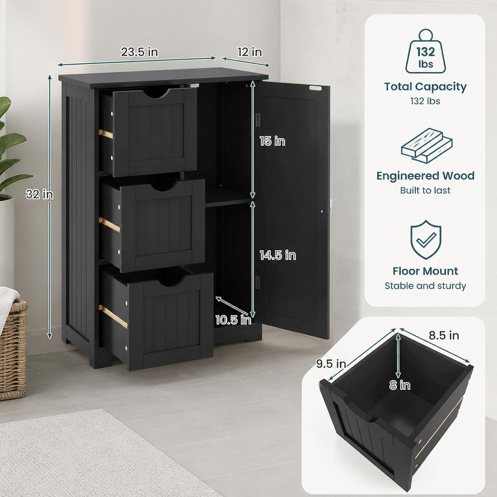3-Drawer Freestanding Bathroom Cabinet Black