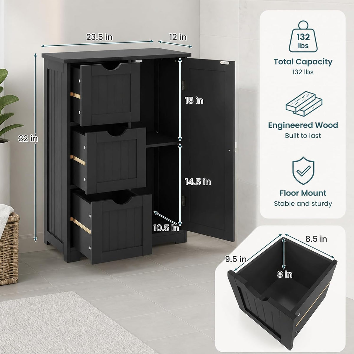 3-Drawer Freestanding Bathroom Cabinet Black