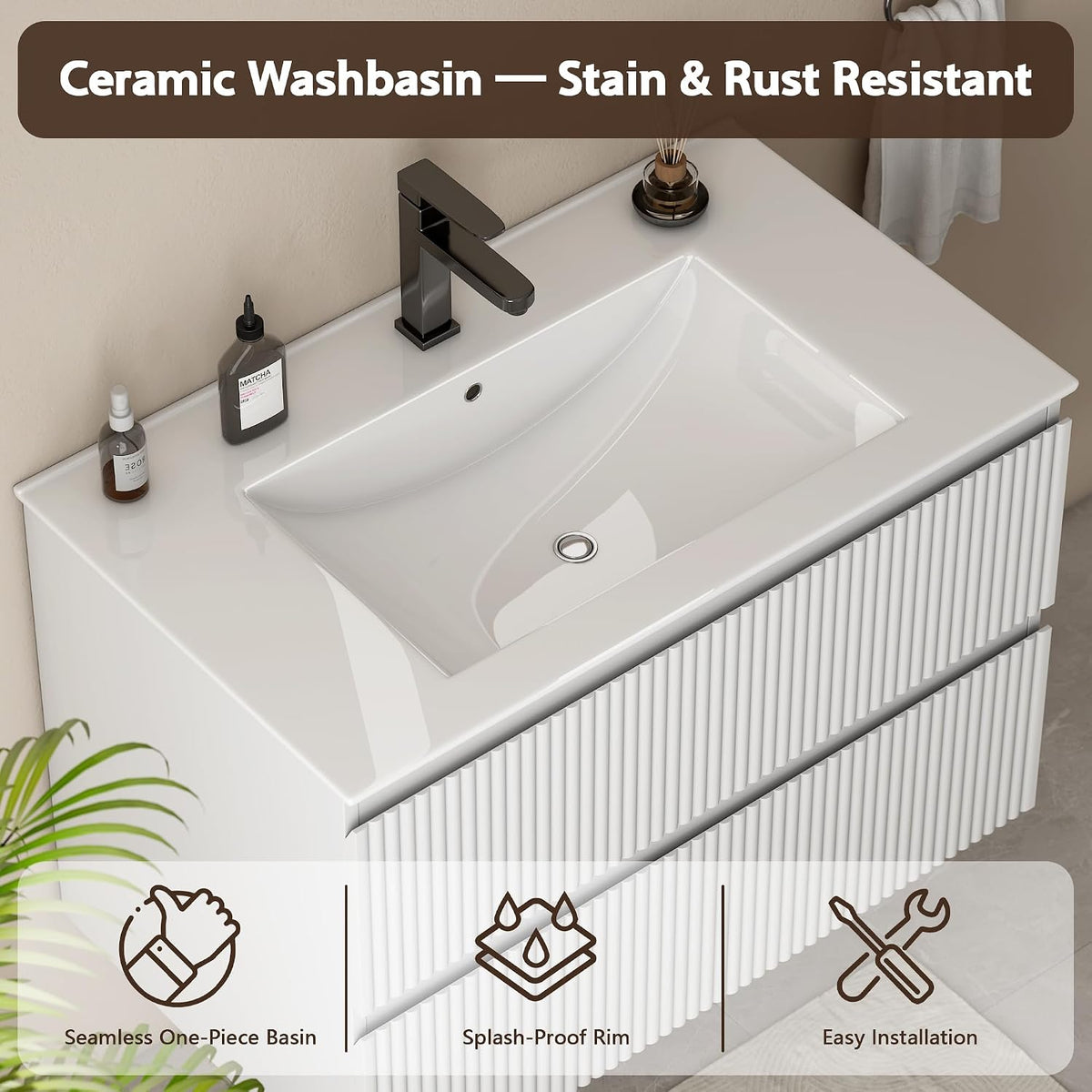 24" Fluted Floating Bathroom Vanity White