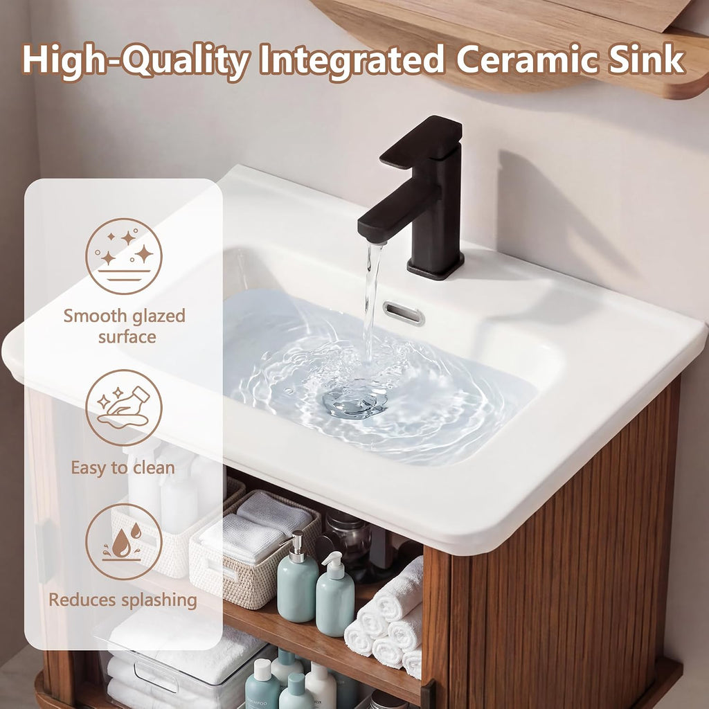 24" Fluted Floating Bathroom Vanity Walnut