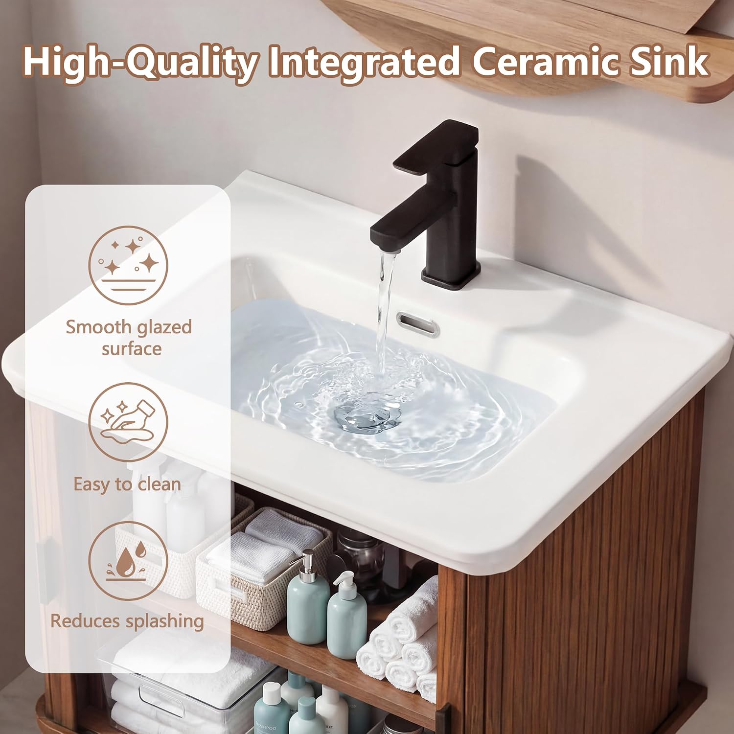 24" Fluted Floating Bathroom Vanity Walnut