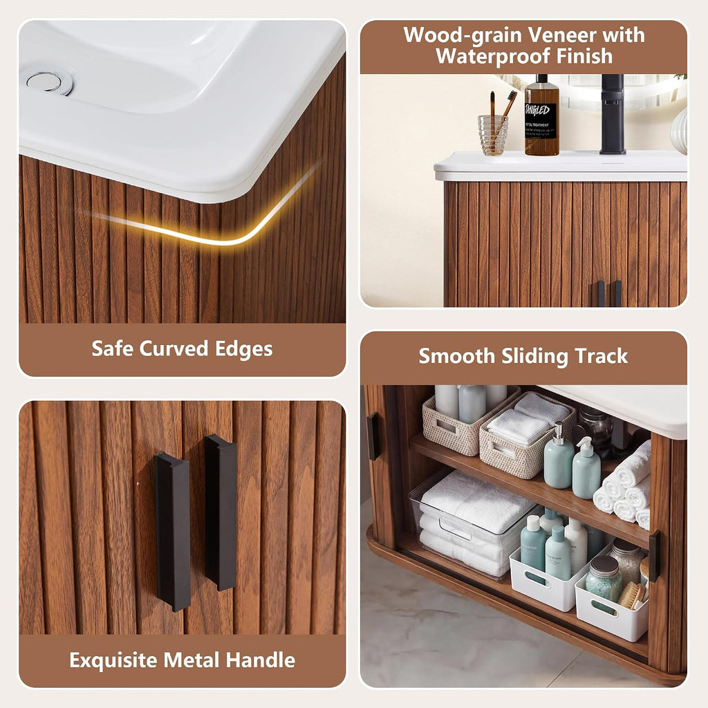 24" Fluted Floating Bathroom Vanity Walnut