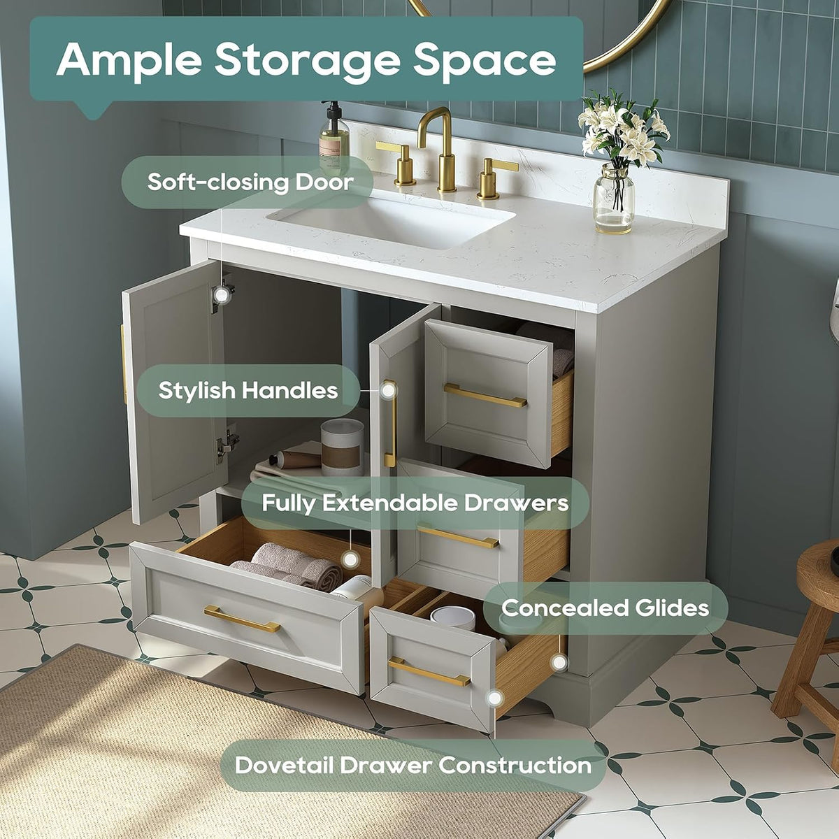 36 Inch Bathroom Vanity with Sink Combo, Greige