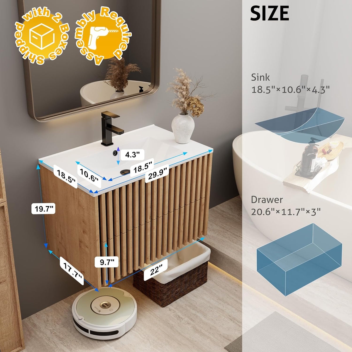 30" Floating Bathroom Vanity Mixed Natural