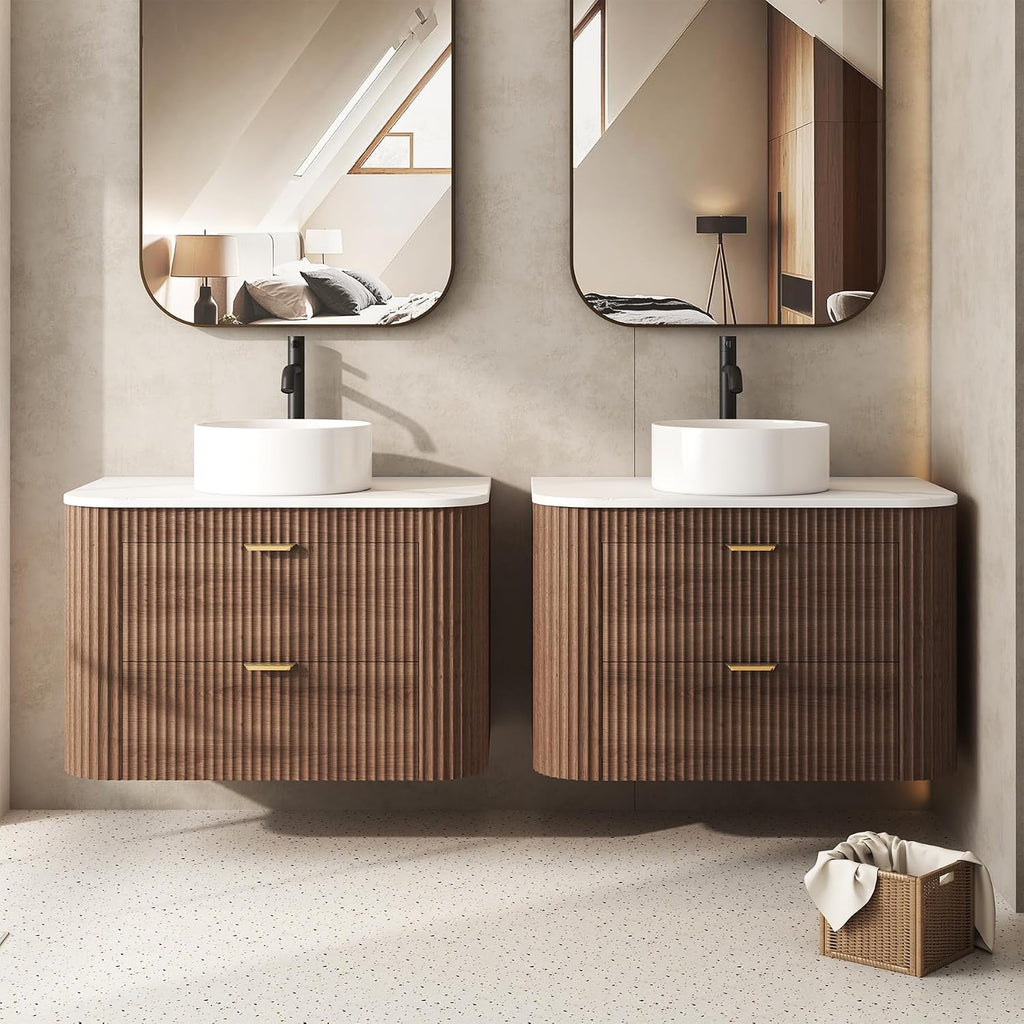 30" Fluted Floating Bathroom Vanity Walnut