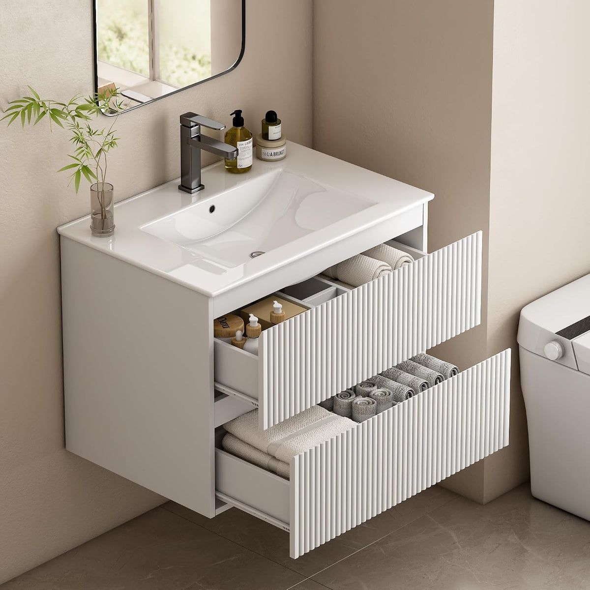 24" Fluted Floating Bathroom Vanity White