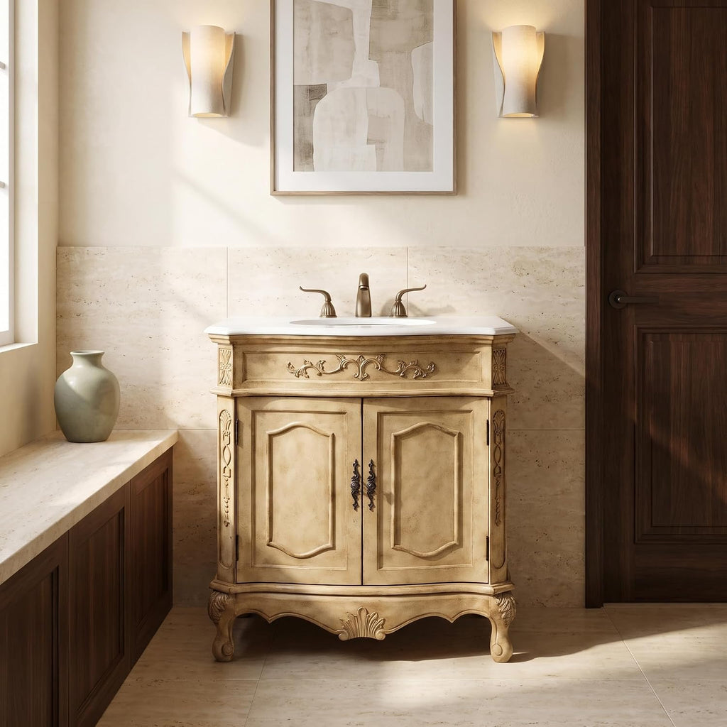 32" Bathroom Vanity Marble Top Antique Beige