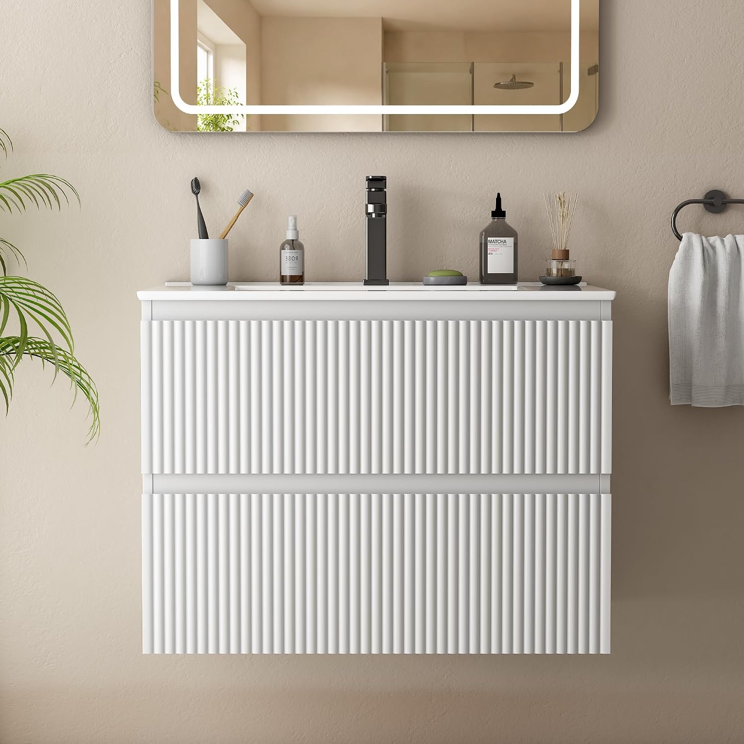 24" Fluted Floating Bathroom Vanity White