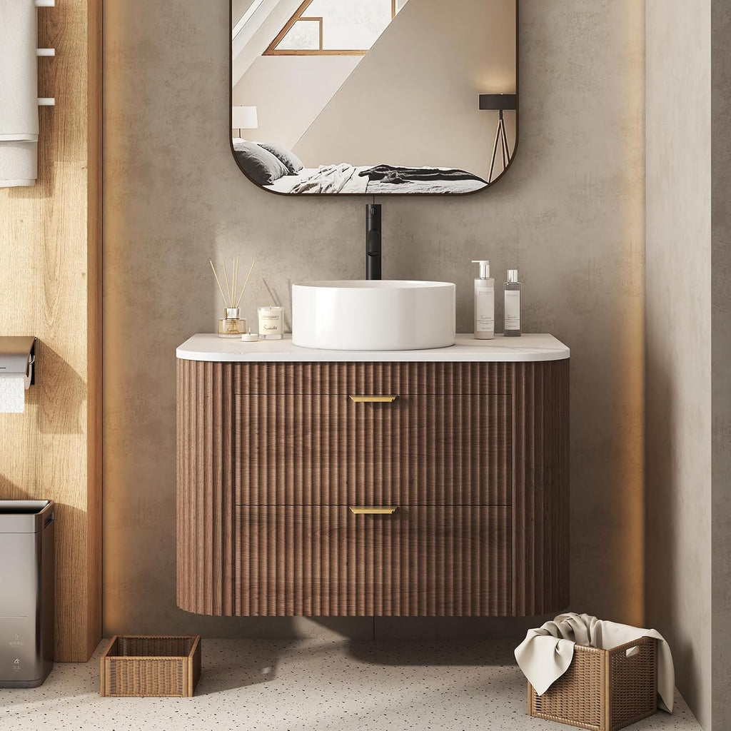 30" Fluted Floating Bathroom Vanity Walnut