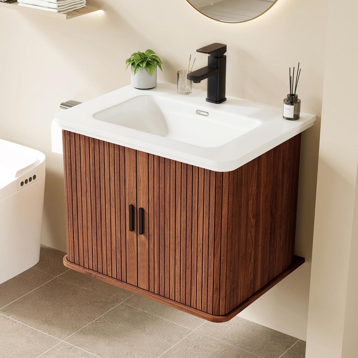 24" Fluted Floating Bathroom Vanity Walnut